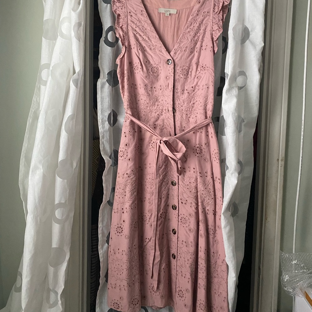 LOFT eyelet MIDI Dress with Tie Waist
